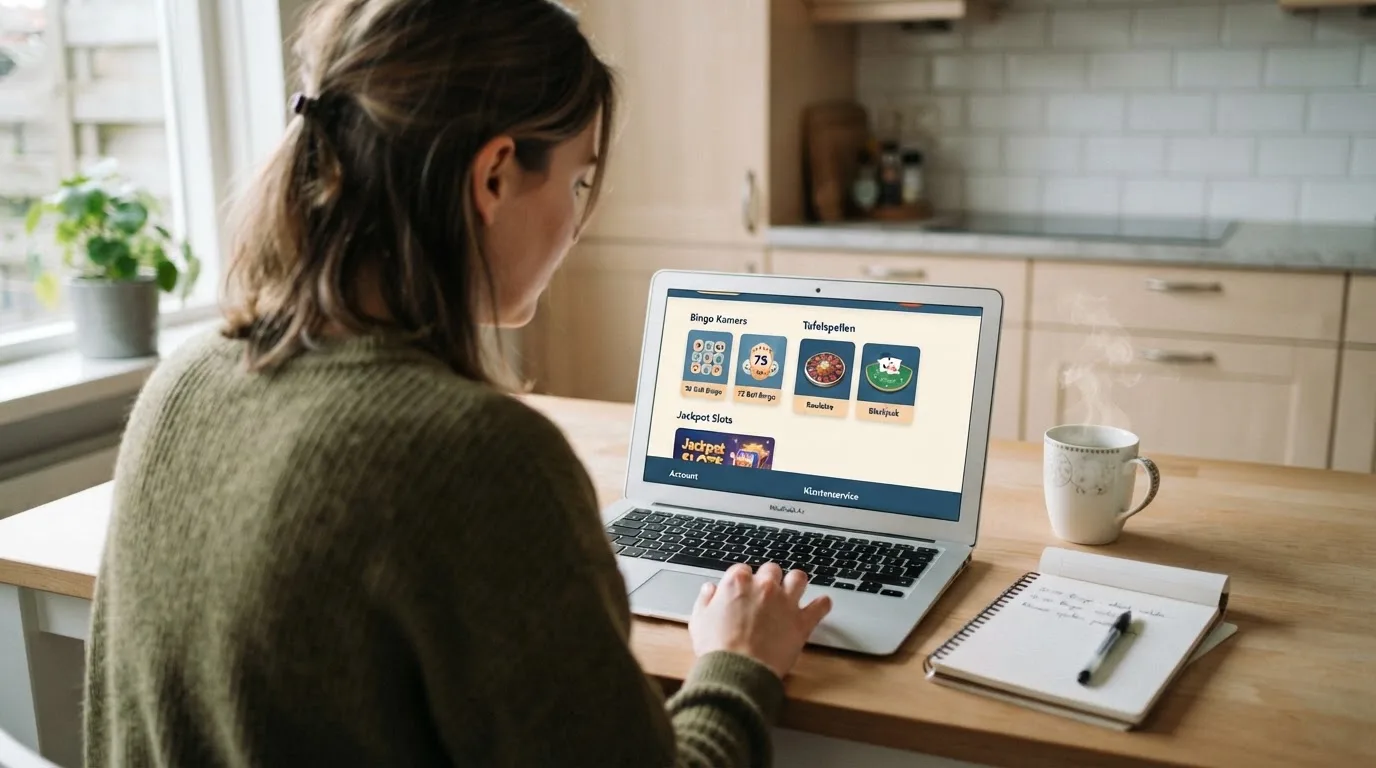 Een vrouw bekijkt rustig op haar laptop de opties voor online spelen aan de keukentafel, met een kopje koffie ernaast.