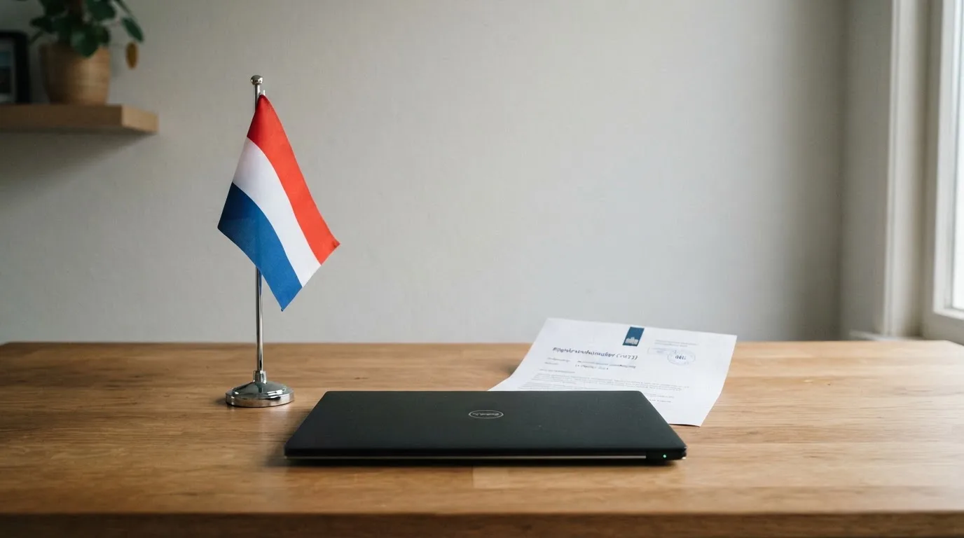 Een bureau met een Nederlandse vlag op een standaard naast een gesloten laptop, symbool voor regelgeving en toezicht op kansspelen.
