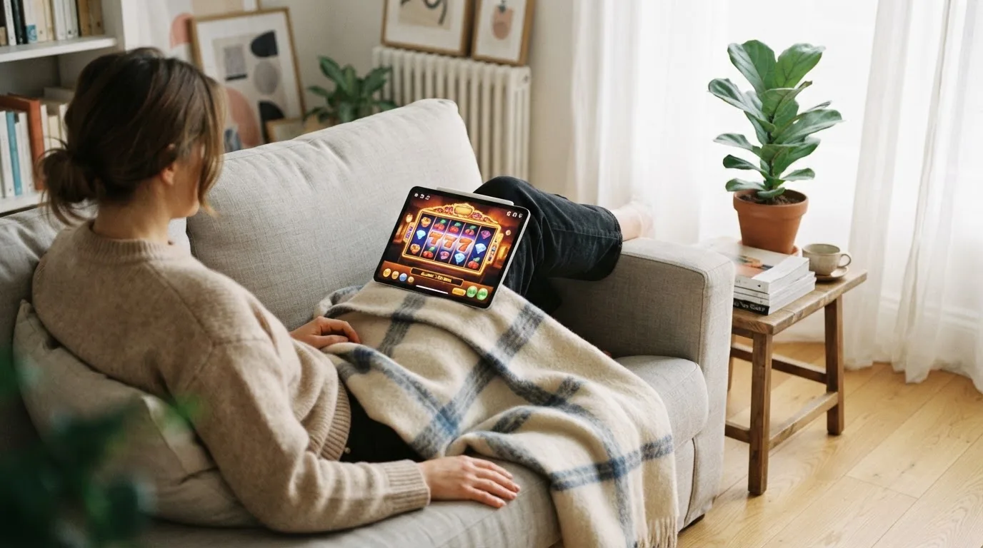 Iemand bekijkt ontspannen een tablet op de bank in een lichte woonkamer, met een plaid over de knieën.
