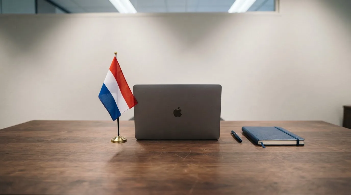 Een kantoorbureau met een Nederlandse vlag op een voetstuk naast een dichte laptop.