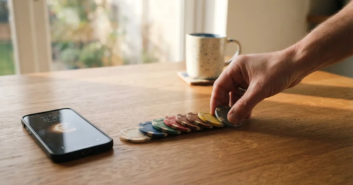 Iemand telt rustig wat muntgeld op een houten tafel naast een smartphone, in een lichte keuken.