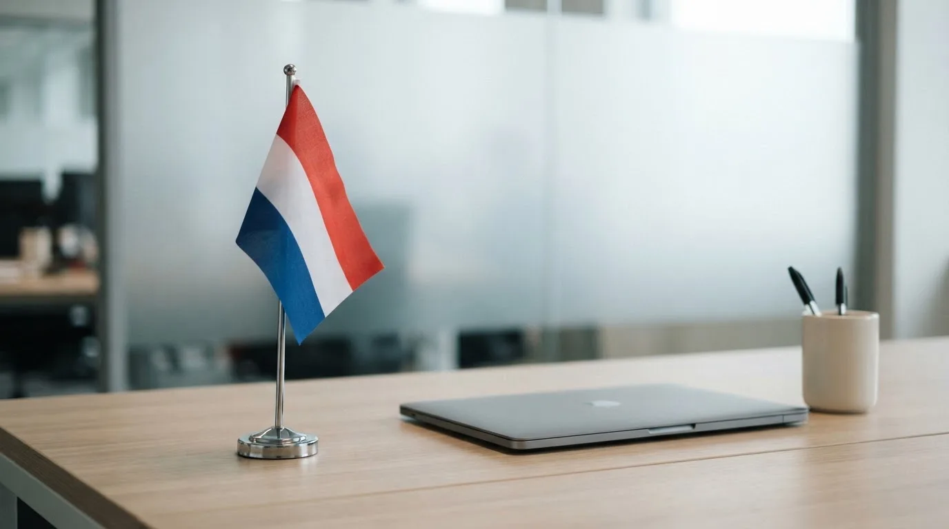 Een kantoorbureau met een Nederlandse vlag op een voetstuk naast een gesloten laptop.