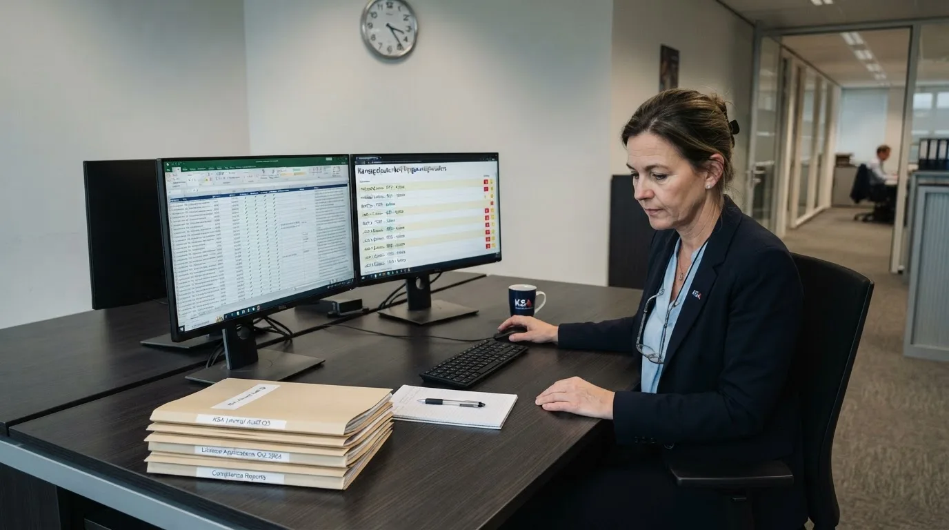 Een medewerker van een toezichthoudende instantie werkt achter een bureau met meerdere monitoren in een professioneel kantoor.