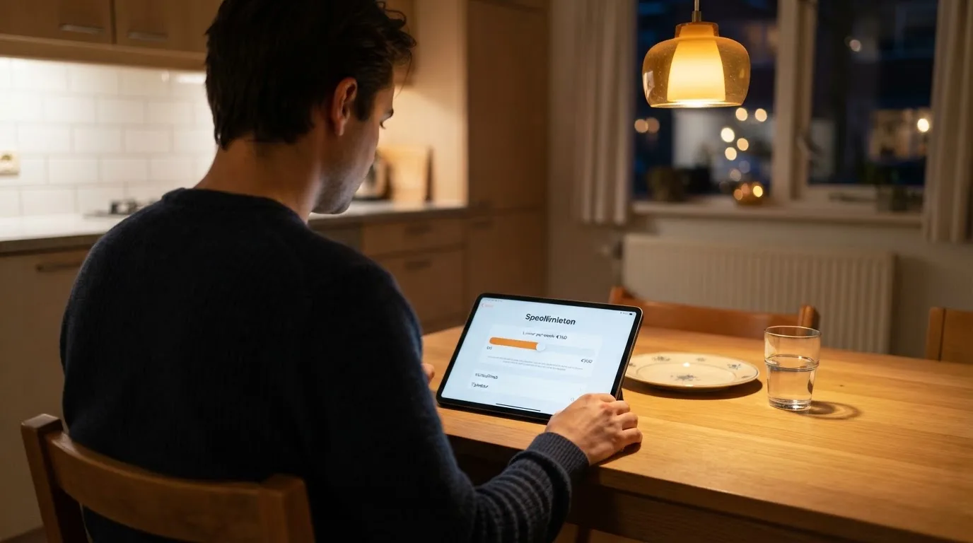 Een persoon bekijkt rustig instellingen voor speellimieten op een tablet aan een keukentafel in de avond.