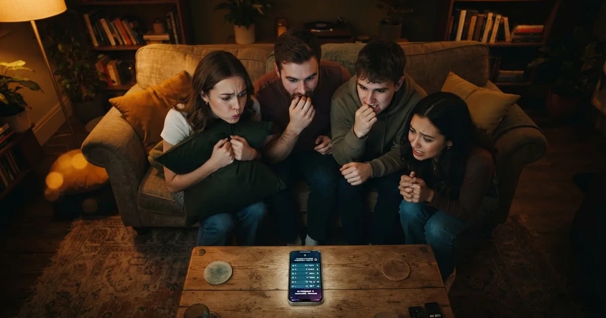 Een groep vrienden kijkt gespannen naar een smartphone tijdens het volgen van een ranglijst in een gezellige woonkamer.