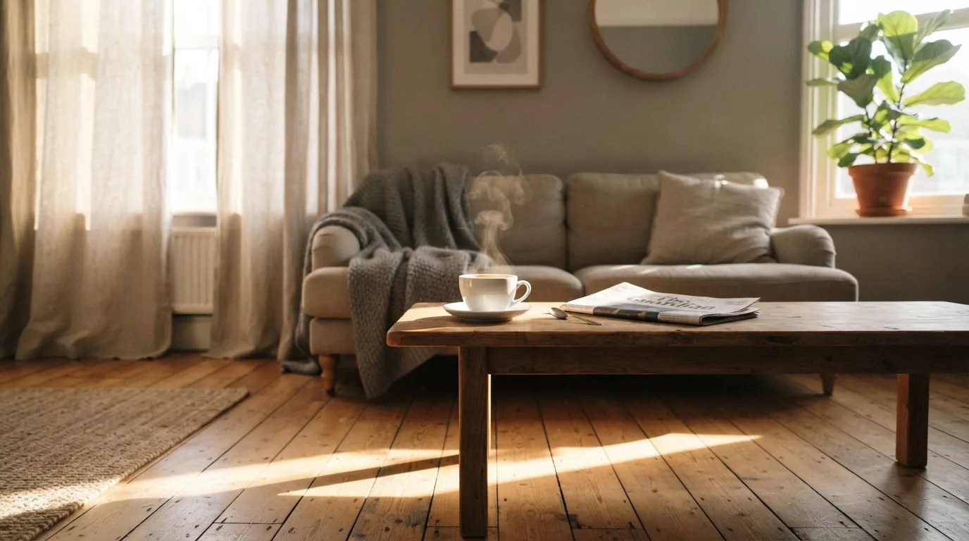 Een huiskamer in de vroege ochtend met zonlicht dat door de gordijnen valt op een salontafel met een kop koffie.