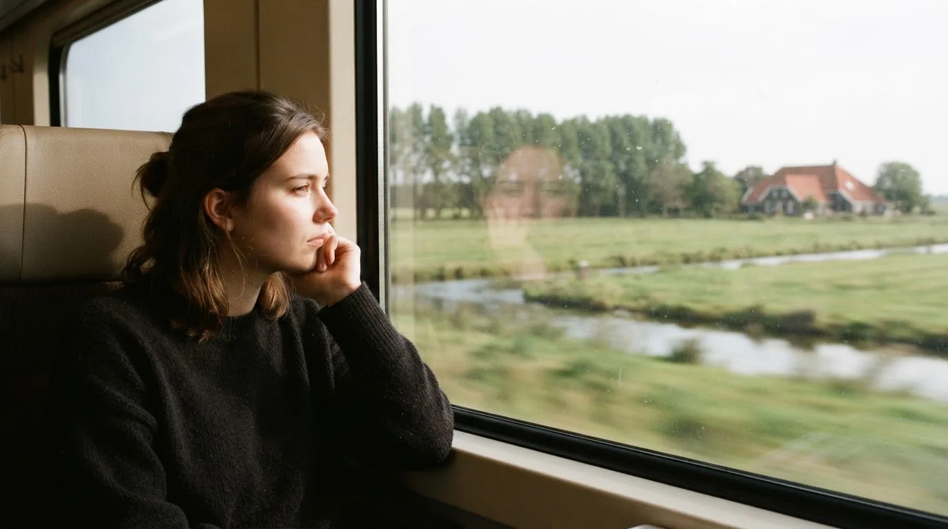 Een jonge vrouw kijkt peinzend uit het raam van een trein terwijl het Nederlandse landschap voorbijglijdt in het daglicht.