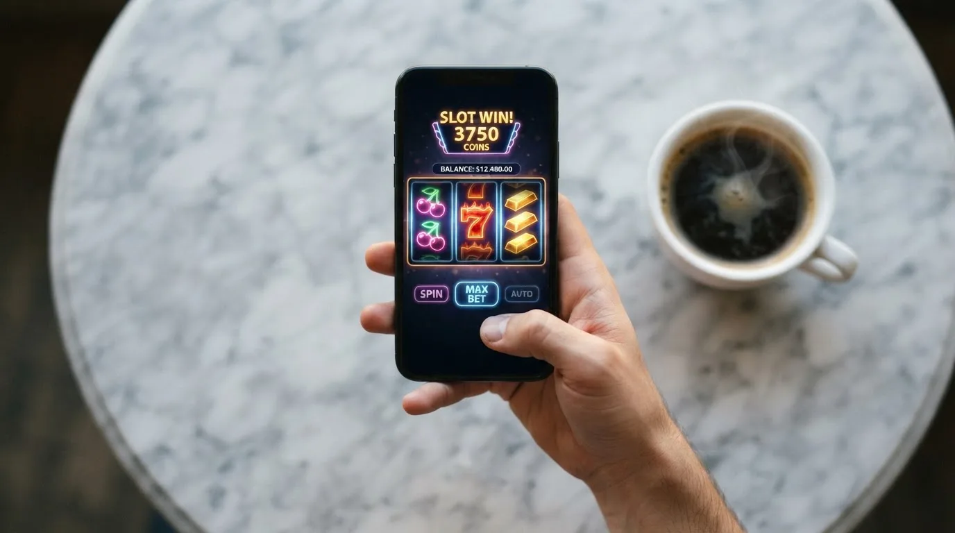 Een paar handen houdt een smartphone vast met een wazig spelscherm vol kleurrijke symbolen, op een tafel met een kopje koffie ernaast.